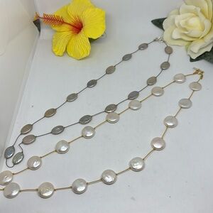 12mm one white one grey color coin pearl tin cup necklace. 20”